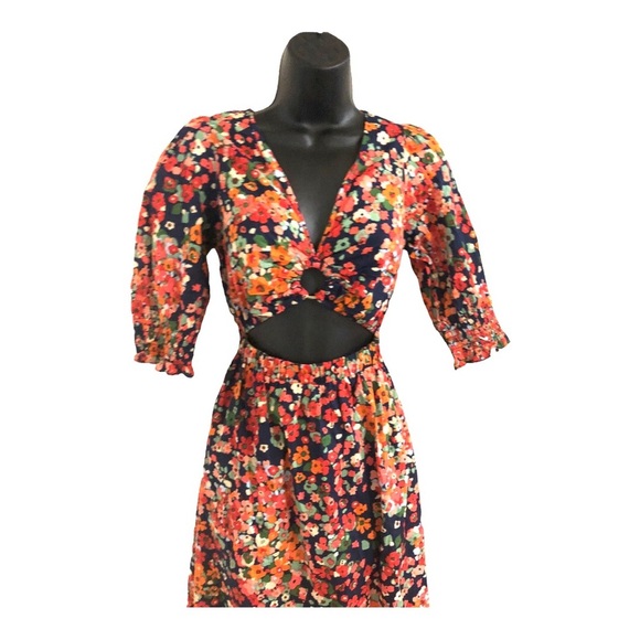 Red orange floral multi midriff cut out cotton v-neck midi dress size medium new - Picture 11 of 16